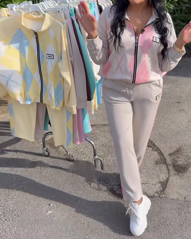 Todelt Sæt Ternet Top Med Lynlås Og Bukser