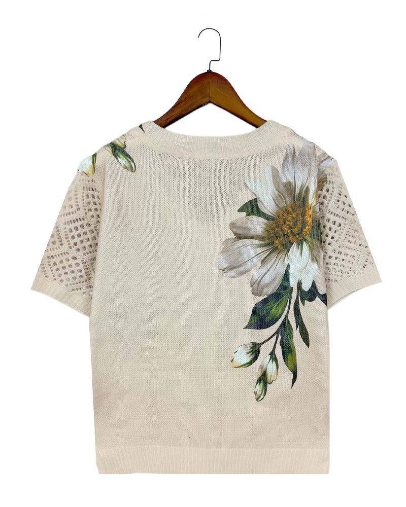 Pullover V-Udskæring Strikket Blomstret