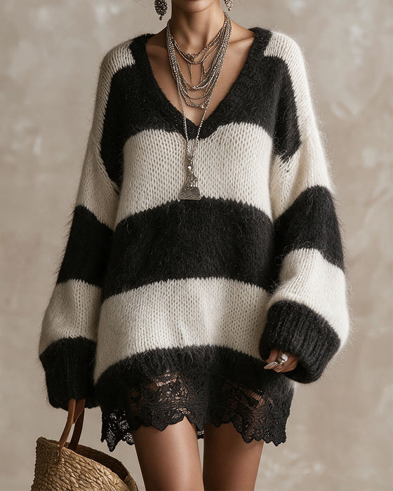 Sweater Kjole V-Hals Stribet Blonde Patchwork