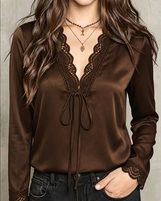 Bluse Lang Ærme V-Hals Blonder Patchwork
