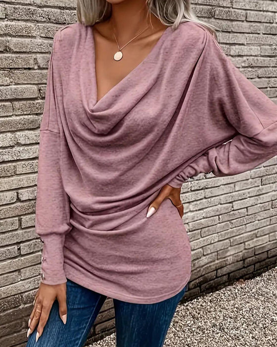 T-Shirt Mock Neck Ensfarvet Knap Lang Ærme