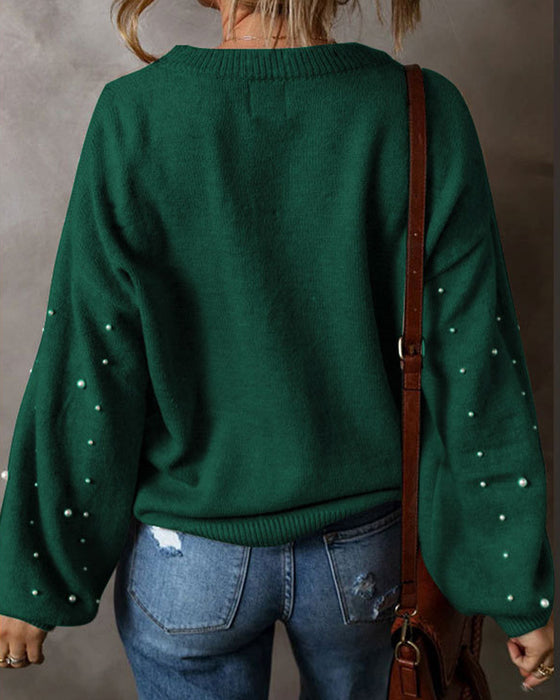 Pullover Med Perler Lange Ærme Rund Hals
