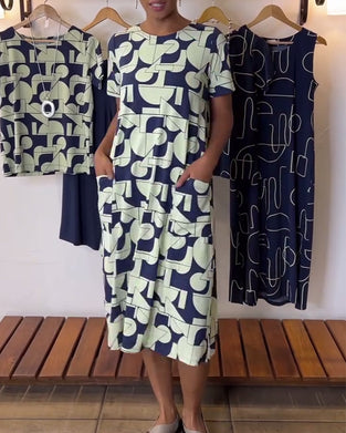 Kjole afslappet hver dag rund hals trykt