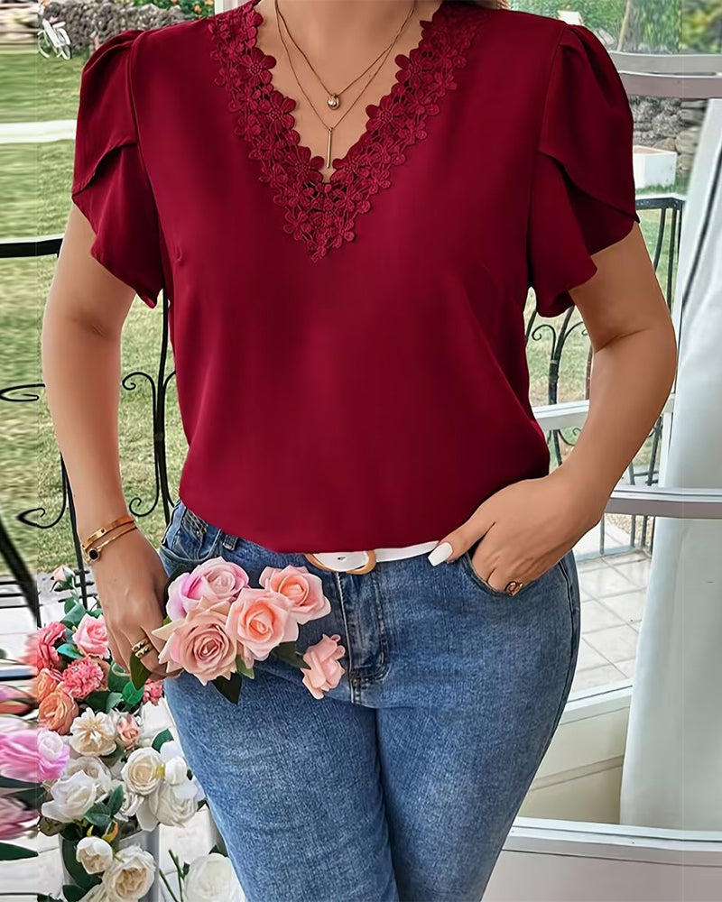 Bluse V-Udskæring Ensfarvet Pufærme