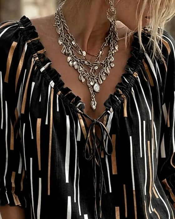 Bluse V-Hals Ruffle Trim Stribe