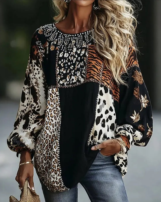 Bluse Rund Hals Leopard Tiger Tryk Kontrast
