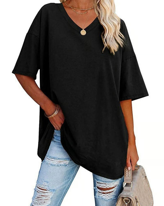 T-Shirt V-Hals Løs Afslappet Kort Ærme