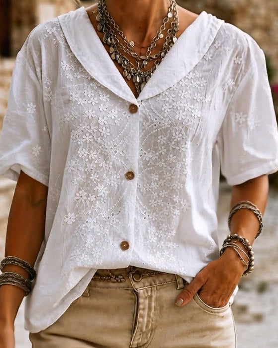 Bluse Revers Knap Tredimensionel Blomstret