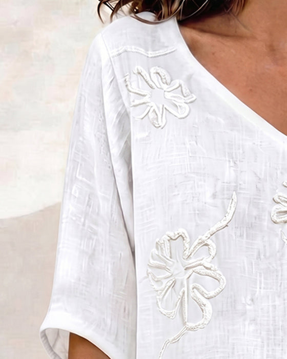 V-Hals Bluse Blomstret Halværmet