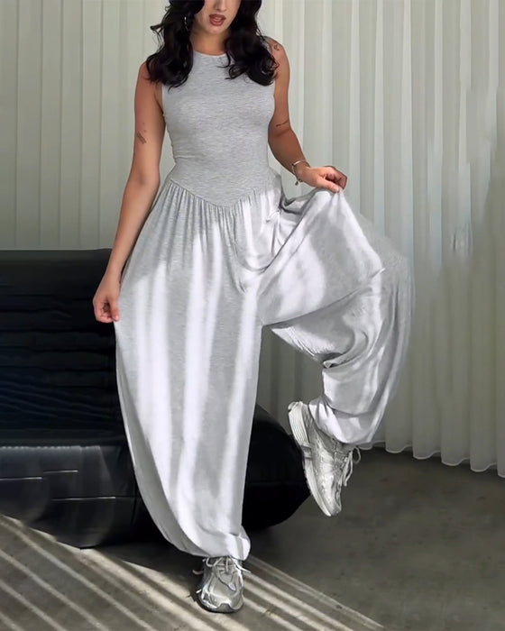 Jumpsuit Rund Hals Ærmeløs Slim Fit Bredt Ben