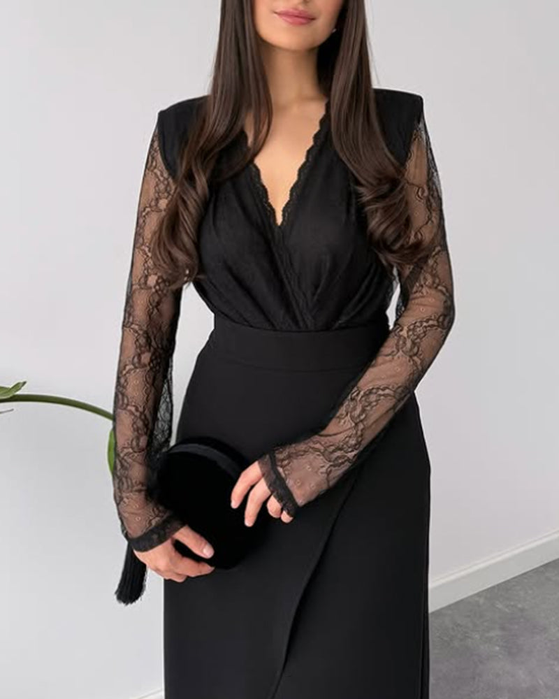 To-Delssæt Med V-Hals Spids Top, Asymmetrisk Midikjol Och Elegant Stil