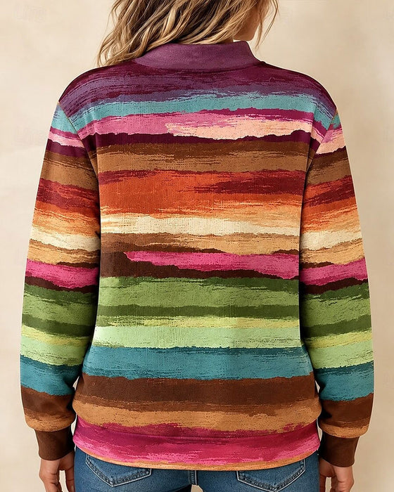 Sweatshirt Vintage Farverig Stribet Halv Lynlås Stående Krave Lang Ærme