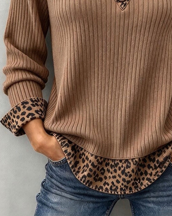 Top Leopardprint Patchwork Fake Todelt Ribbet