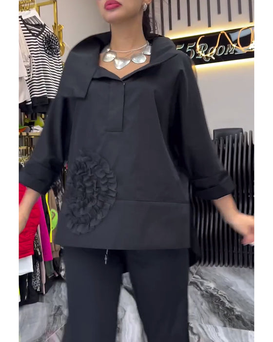 Blomsterbluse med lapel og blondepanel