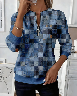 Sweatshirt Med Halv Lynlås Krave Ternet Print