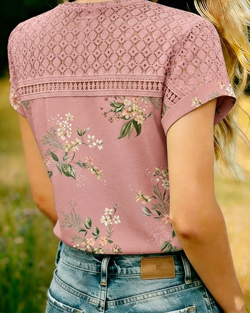 T-Shirt Udskæring Patchwork Kort Ærme