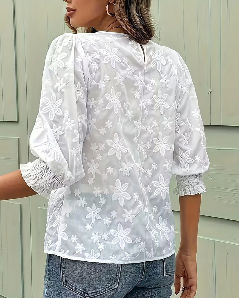 Bluse Rund Hals Pufærme Tredimensionel Blomstret