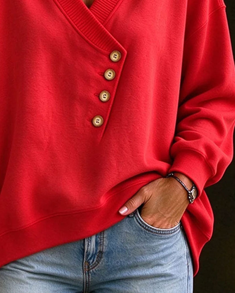 Sweatshirt Diagonal Knap V-Hals Pullover