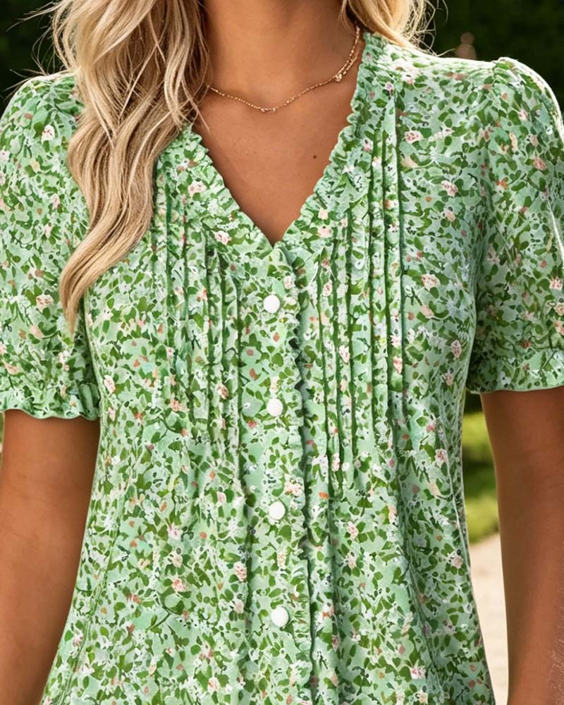 Bluse V-Hals Blomstret Tryk