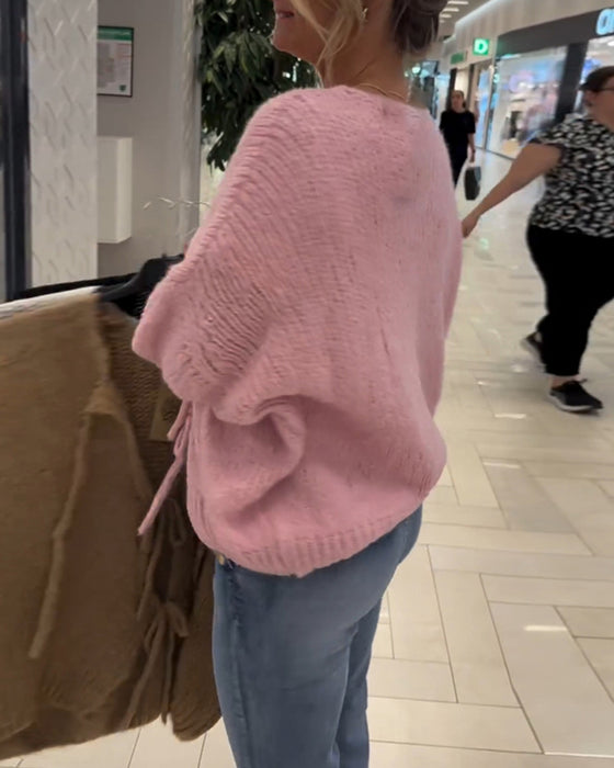 Ensfarvet strik cardigan med snøre