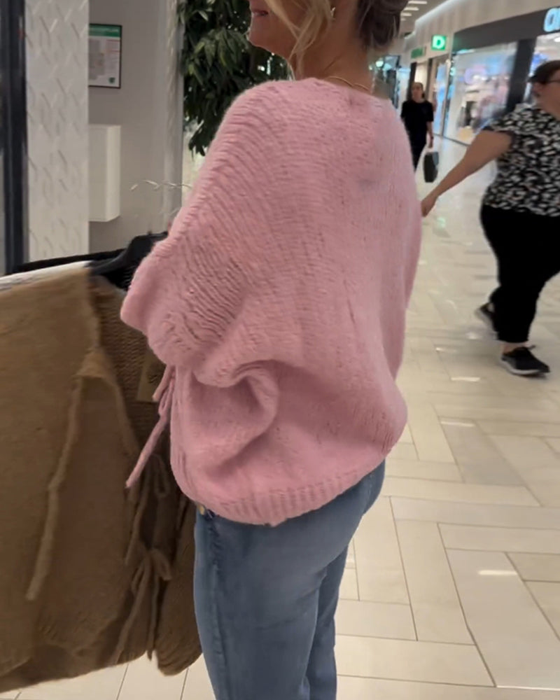 Ensfarvet strik cardigan med snøre