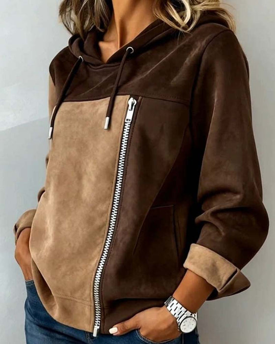 Hoodie Med Hætte Snor Kontrast Lynlås