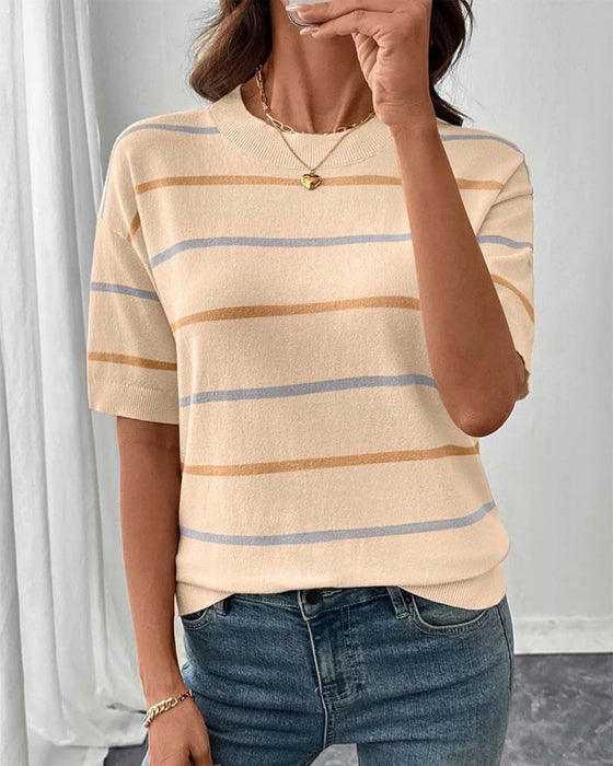 Pullover Streep Contrastkleur Korte Mouw Gebreid