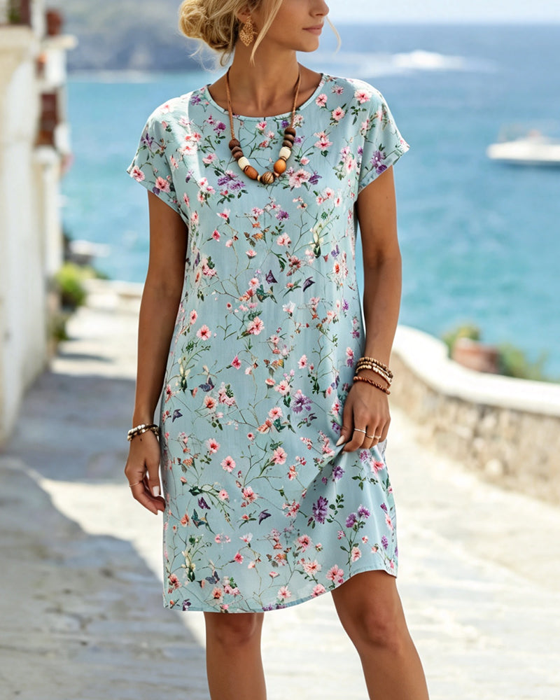 Kjole Rundhals Blomstret Tryk Kortærmet