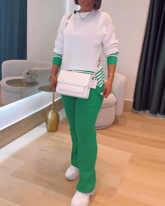 Stribet Kontrast Pullover Bukse Sæt