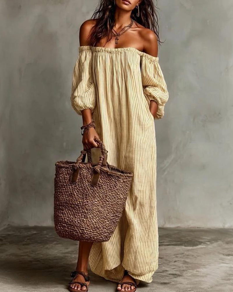 Kjole Løs Off-Shoulder Stribet