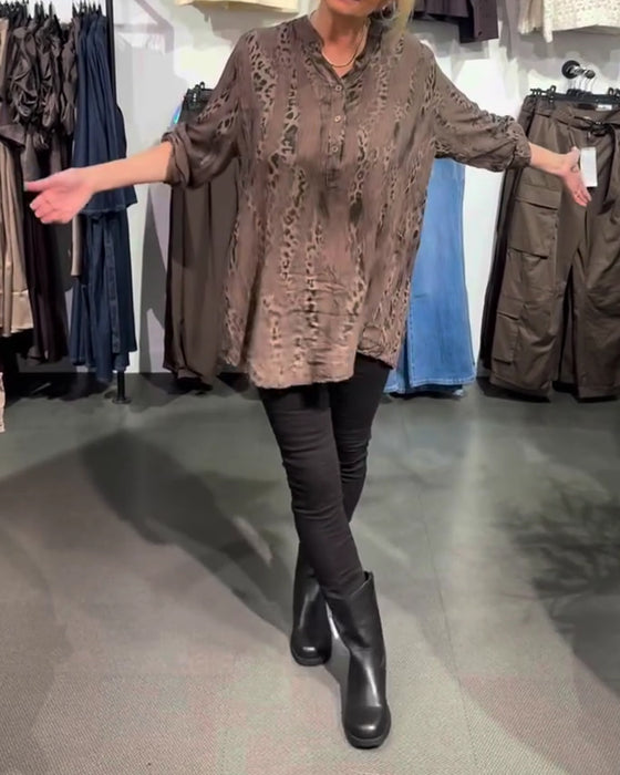 Bluse V-Hals Knap Foran Leopard Tryk Afslappet