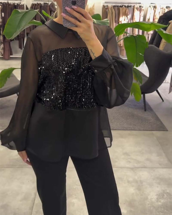 Bluse Ensfarvet Puffærme Krave