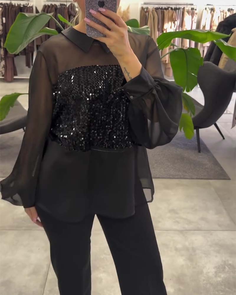 Bluse Ensfarvet Puffærme Krave