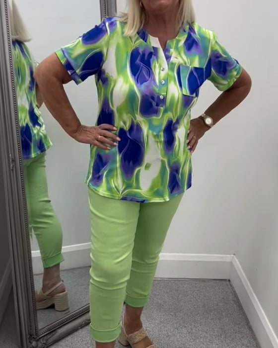 Bluse Henley Hals Ombre Tryk Kort Ærme Lomme