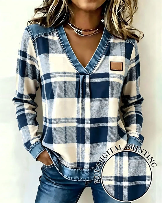 Top V-Hals Rutet Denim Patchwork