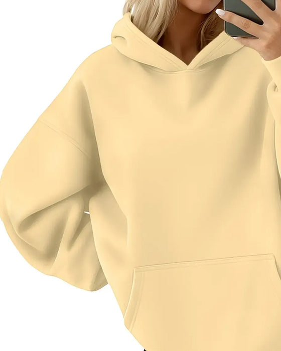 Hoodie Med Hætte Lomme Solid Løs