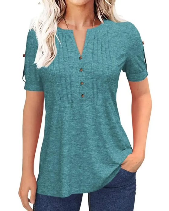 T-Shirt Plisseret Henley Kort Ærme