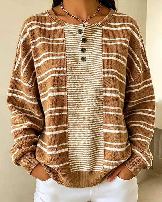 Sweatshirt Stribet Patchwork Lang Ærme Henley
