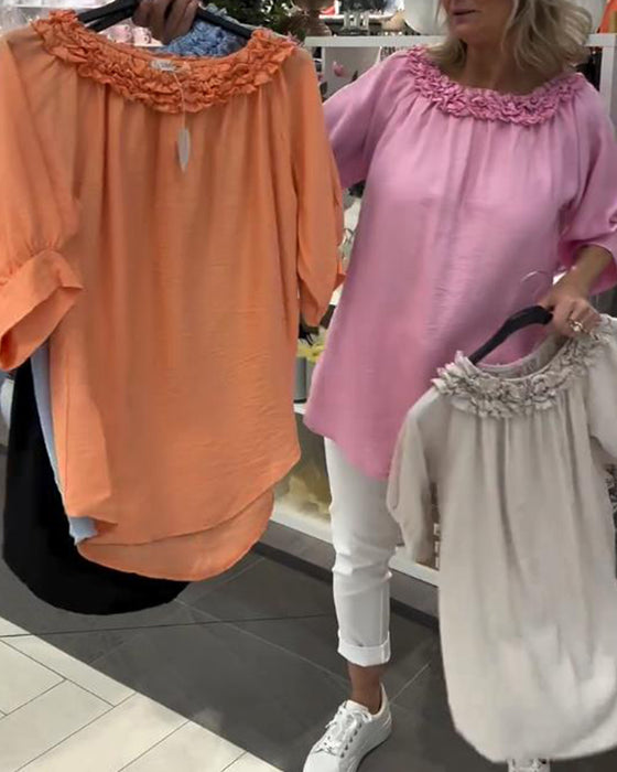 Bluse Kortærmet Blomstret Løs