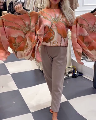 Rund Hals Printet Løs Sweater