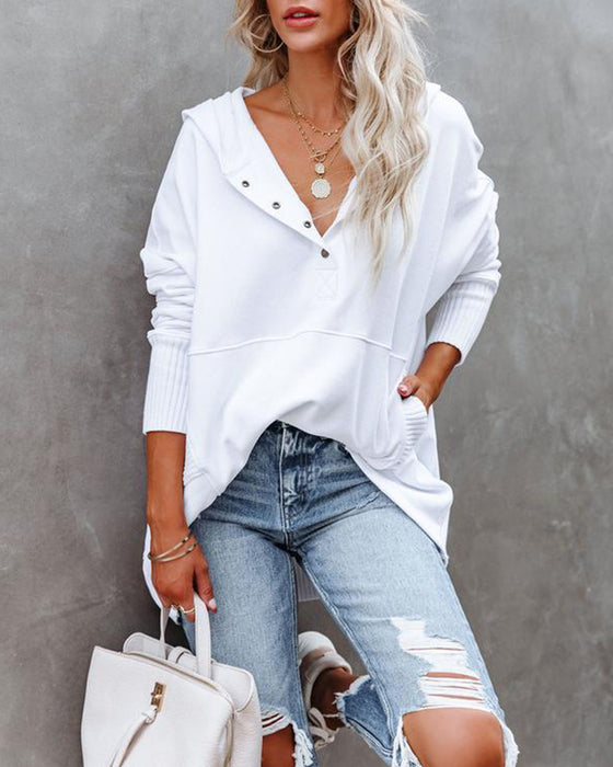 Sweatshirt afslappet v-hals hætte ensfarvet løs