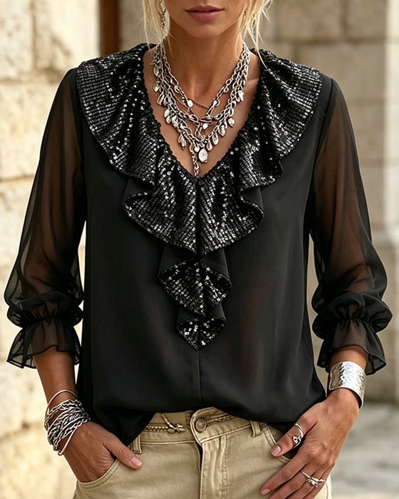 Bluse Stilfuld V-Hals Blondekant Sheer