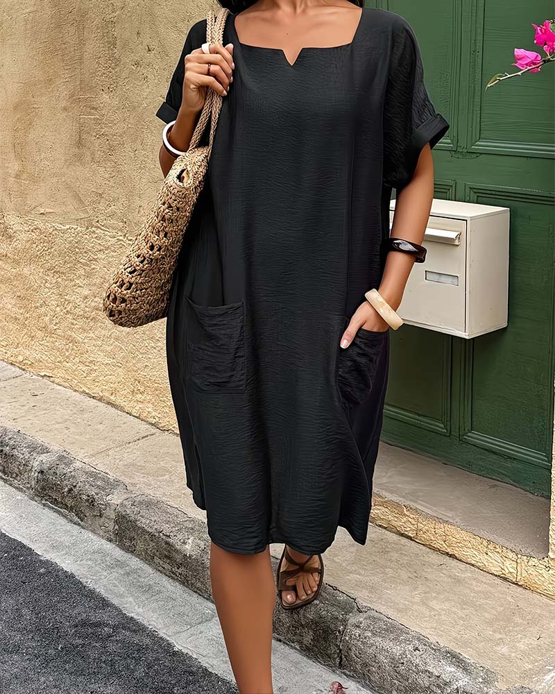 Kjole Firkantet Hals Rullet Forneden Kort Ærme Løs Lomme