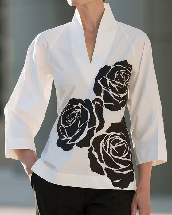 Bluse V-Hals Blomstret Tryk