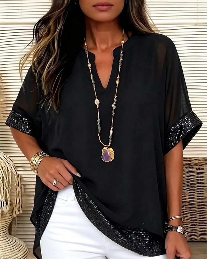 Bluse Paliet Patchwork Sheer Løs