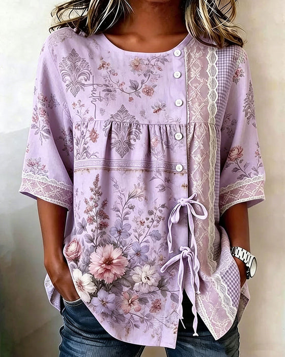 Bluse Retro Blomstermønster Afslappet