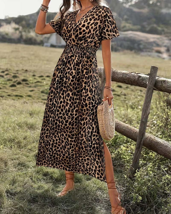 Kjole Leopard V-Hals Elastisk Talje A-Linje