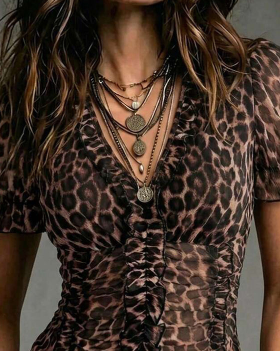 Bluse V-Hals Leopard Tryk Ruffle Pufærme