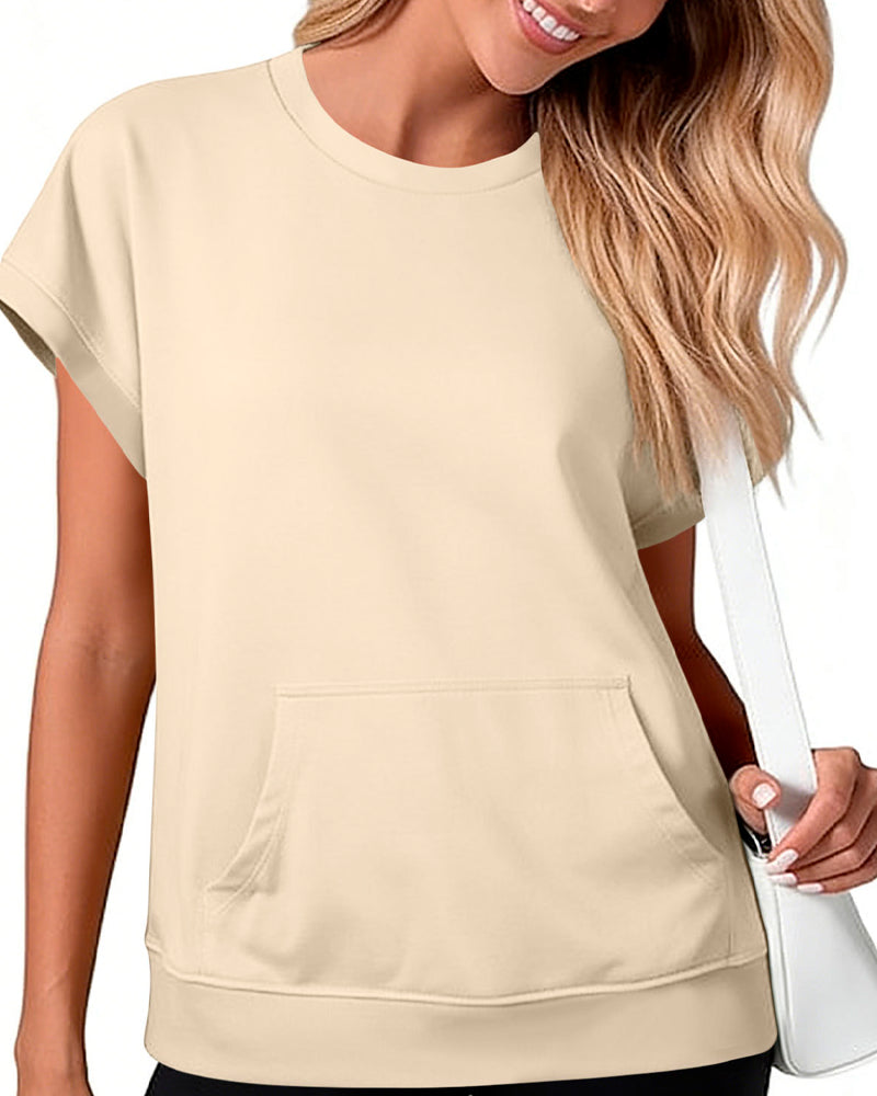 Bluse Forlomme Ensfarvet Rund Hals