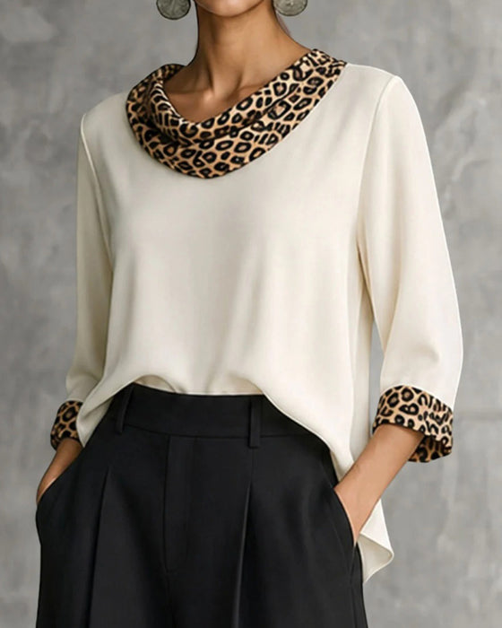 Bluse Leopard Panel Cowl Hals Albuelang Ærme